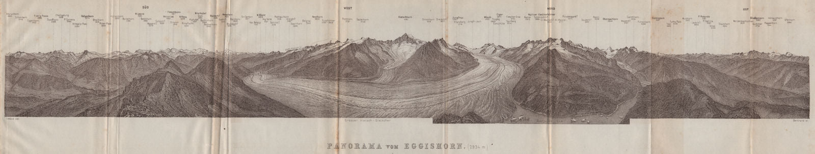 EGGISHORN PANORAMA Aletschhorn Glacier Nesthorn Mont Blanc Leone Eiger 1913 map